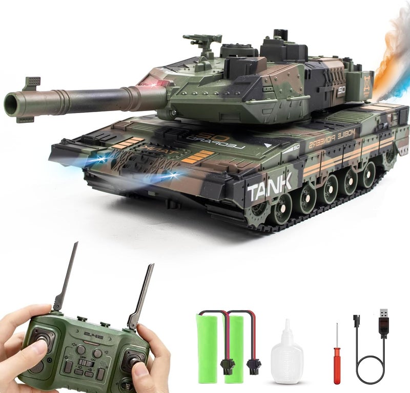 Hitish RC Tank That Shoots for Kids - 2.4Ghz Remote Control Army Tank Toys with Auto Demo Sound Light Smoke - 13 Channel Military Vehicles Model Gift for Adults Boys Age 6-8 9-12, Army Green - Image 1